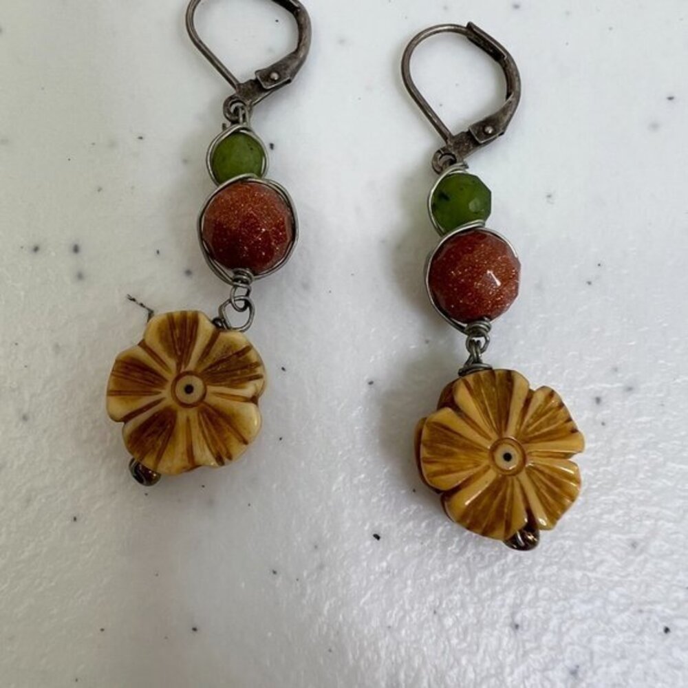 Goldstone Earrings Flower Dangle Beaded Orange Green Wire‎ Wrapped Drop 3D - Picture 3 of 6